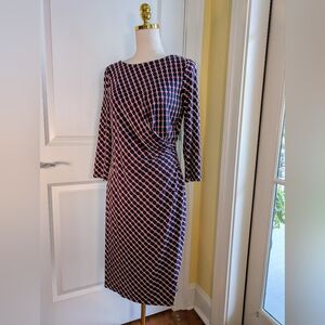 Talbots  Medium Geometric Faux Wrap Jersey Knit  Red/White/Blue/Tan  3/4 Sleeve